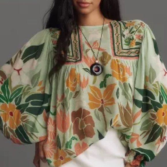 Anthropologie Tops - Blnk London Botanical Sage Balloon Sleeves Miranda Peasant Blouse Size Small